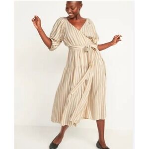 Old Navy Wrap Midi Dress Womens 2X Beige White Striped Puff Sleeve Smocked NWT
